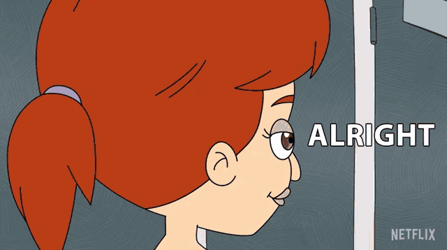 a cartoon of a girl with red hair says alright on the bottom