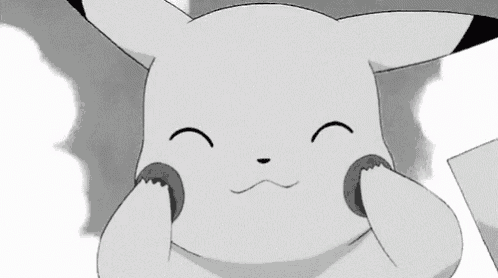 a black and white drawing of a pikachu smiling .