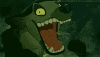 a close up of a cartoon hyena with its mouth open and yellow eyes .
