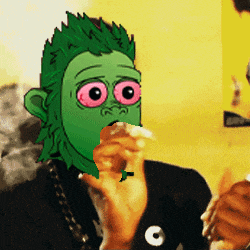 a cartoon character with green hair and pink eyes