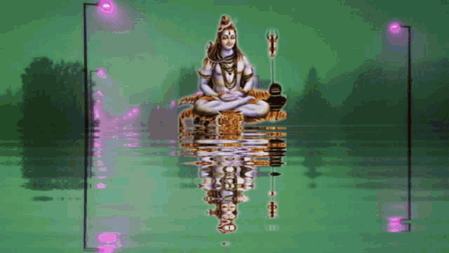 a painting of a deity sitting on a tiger in the water