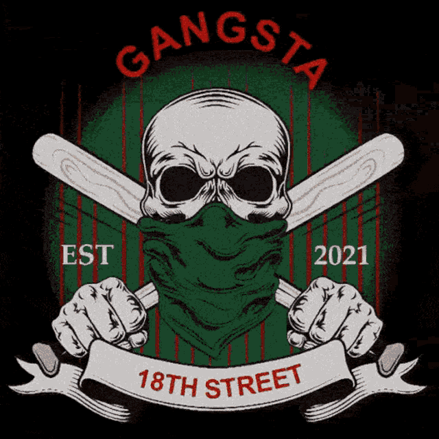 a skull wearing a green bandana and crossed bats with the words gangsta est 2021
