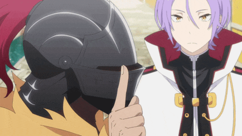 a man with purple hair is holding his finger to his lips