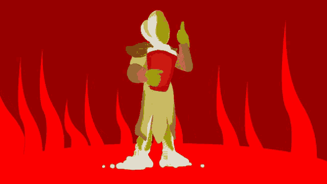 a cartoon character is standing in front of red flames and holding a bucket