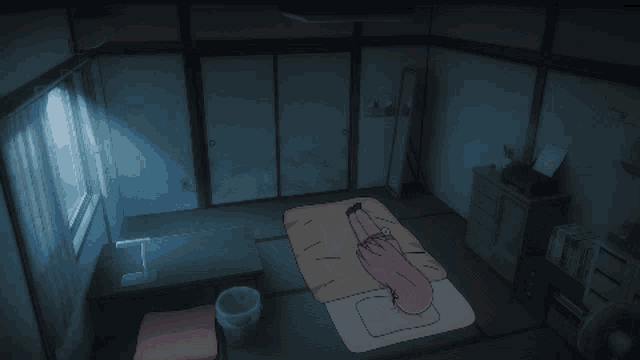 a cartoon drawing of a person sleeping in a dark room