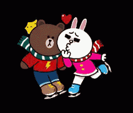 a brown bear and a white rabbit are ice skating on a black background