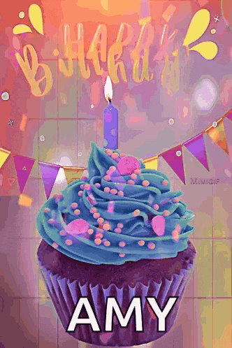 a birthday cupcake with a candle and the name amy on it .