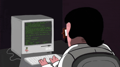 a cartoon of a man typing on a keyboard in front of a computer monitor with a green screen