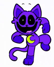 a purple cat with black eyes and a yellow crescent moon on its chest is standing on a white background .