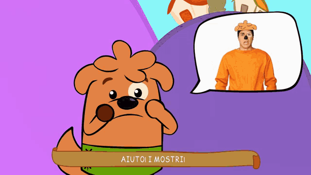 a cartoon of a dog with a speech bubble that says " aiuto i mostri "