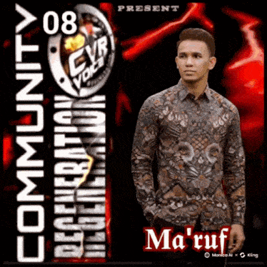 a man in a floral shirt is standing in front of a red background that says community 08