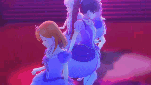 three anime girls are standing next to each other on a stage .