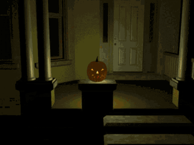 a pumpkin with a face carved into it is on a pedestal