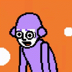 a pixel art drawing of a purple monkey with a white face
