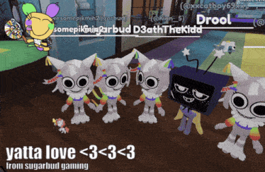 a bunch of stuffed animals standing next to each other with the words yatta love < 3 < 3 < 3