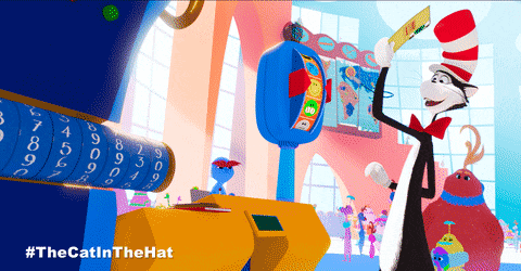 a cat in a red and white hat is standing in front of a machine that says ' do ' on it