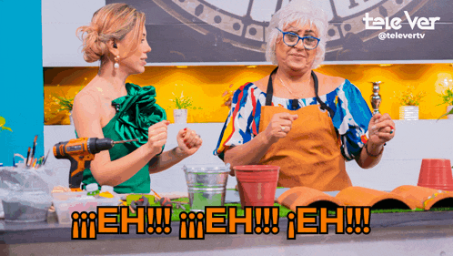 a woman is holding a drill next to an older woman who is holding a hammer