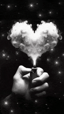 a black and white photo of a person holding a lighter and smoke coming out of it in the shape of a heart