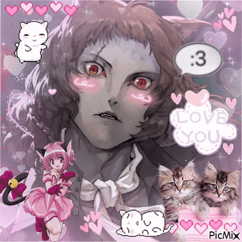 a girl with cat ears is surrounded by hearts and a speech bubble that says love you