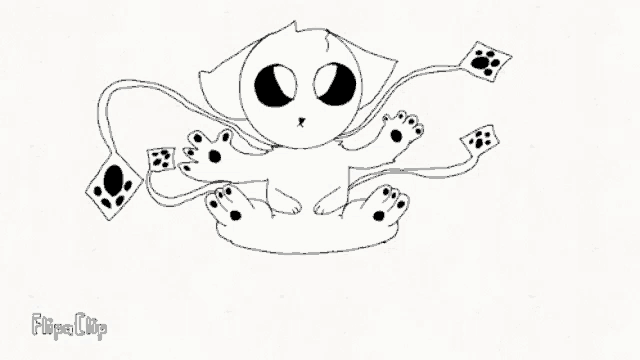 a black and white drawing of a cat with many arms and paws .