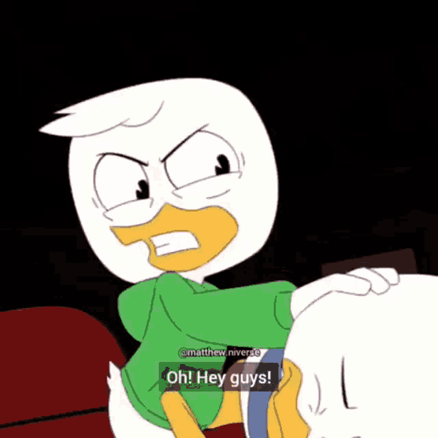 a cartoon of a duck talking to another duck with the caption oh hey guys