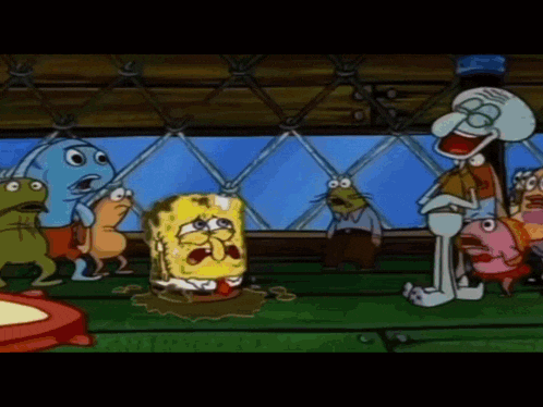 a group of cartoon characters including spongebob and squidward are standing around a crying spongebob