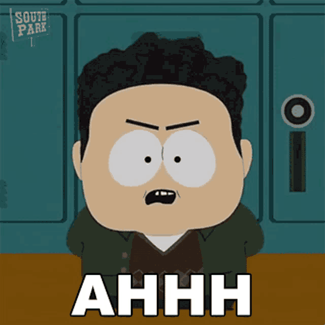 a cartoon character from south park says ahhh in white letters
