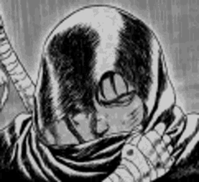 a black and white drawing of a person wearing a helmet and scarf .
