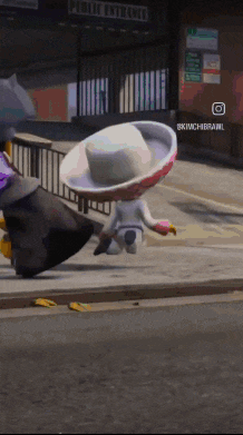 a cartoon character wearing a sombrero is walking down a street in front of a public entrance