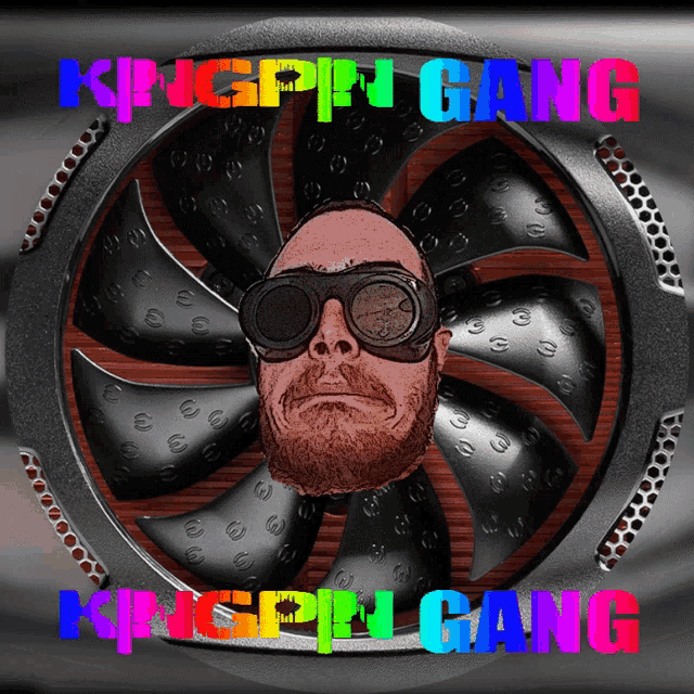 a man with a beard and goggles stands in front of a fan with the words kingpin gang written on it