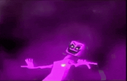 a cartoon character is dancing in the dark with a purple light behind him .
