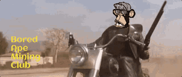a monkey is riding a motorcycle with the words bored ape mining club below it