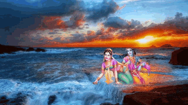 a painting of a woman and a boy in the ocean