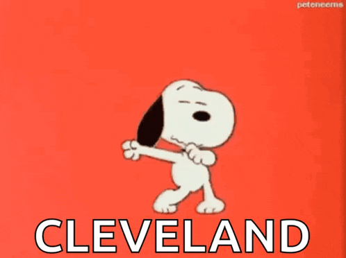 a cartoon of snoopy dancing in front of a red background that says " cleveland "