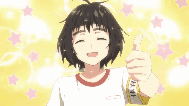 a girl giving a thumbs up in front of a yellow background with pink stars