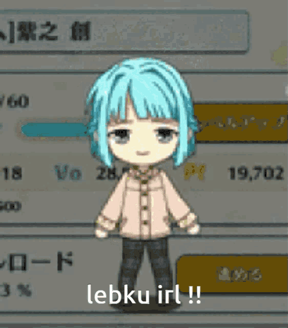 a cartoon character with blue hair and the words lebku irl