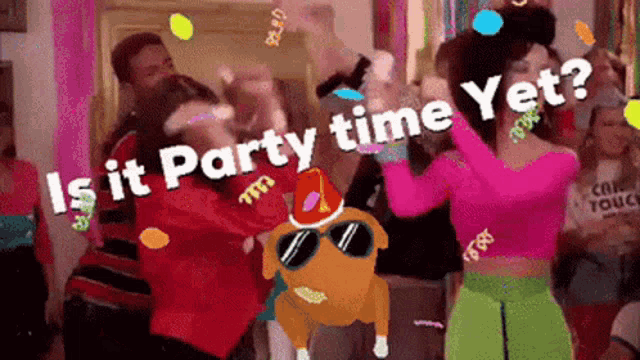 a group of people are dancing at a party and a cartoon turkey is wearing sunglasses and a santa hat .