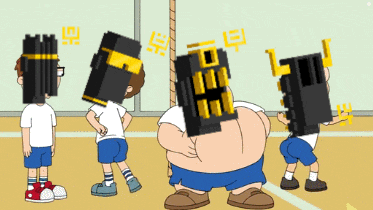 a group of cartoon characters with their faces obscured by blocks including a fat man