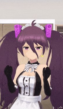 a girl with purple hair and black gloves is wearing a maid outfit