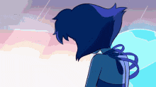 a cartoon character with blue hair is standing in front of a cloudy sky .
