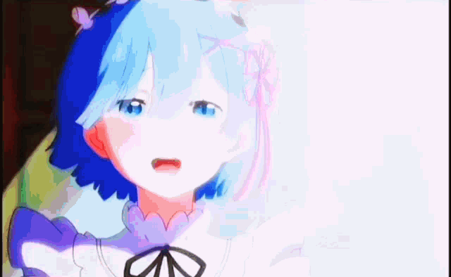 a girl with blue hair and a butterfly in her hair is standing in front of a white background .