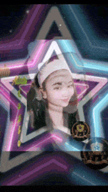 a girl in a white headband is surrounded by a purple star