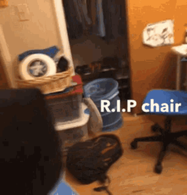 a r.i.p chair is sitting in a cluttered room