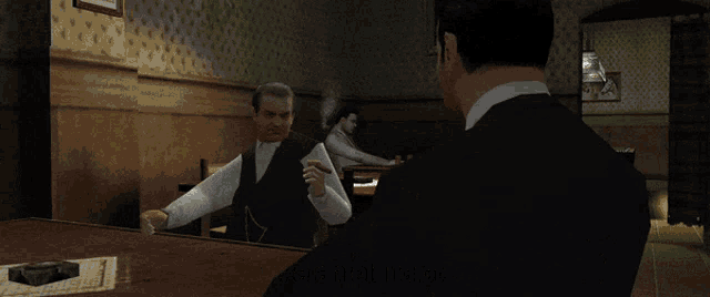 a man in a suit is talking to another man at a bar and the man is asking how would that make him look