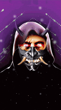 a drawing of a demon with horns and a mask on his face