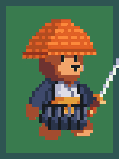 a pixel art drawing of a man wearing a straw hat and holding a sword