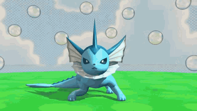 a blue pokemon with bubbles surrounding it on a green field