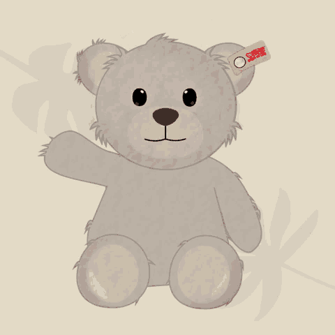 a steiff teddy bear with three red hearts around its head
