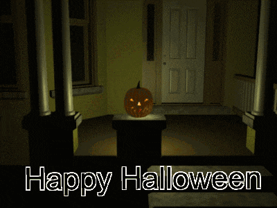 a happy halloween greeting with a carved pumpkin