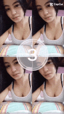 a woman in a white tank top is laying on a bed with the number 3 in the center